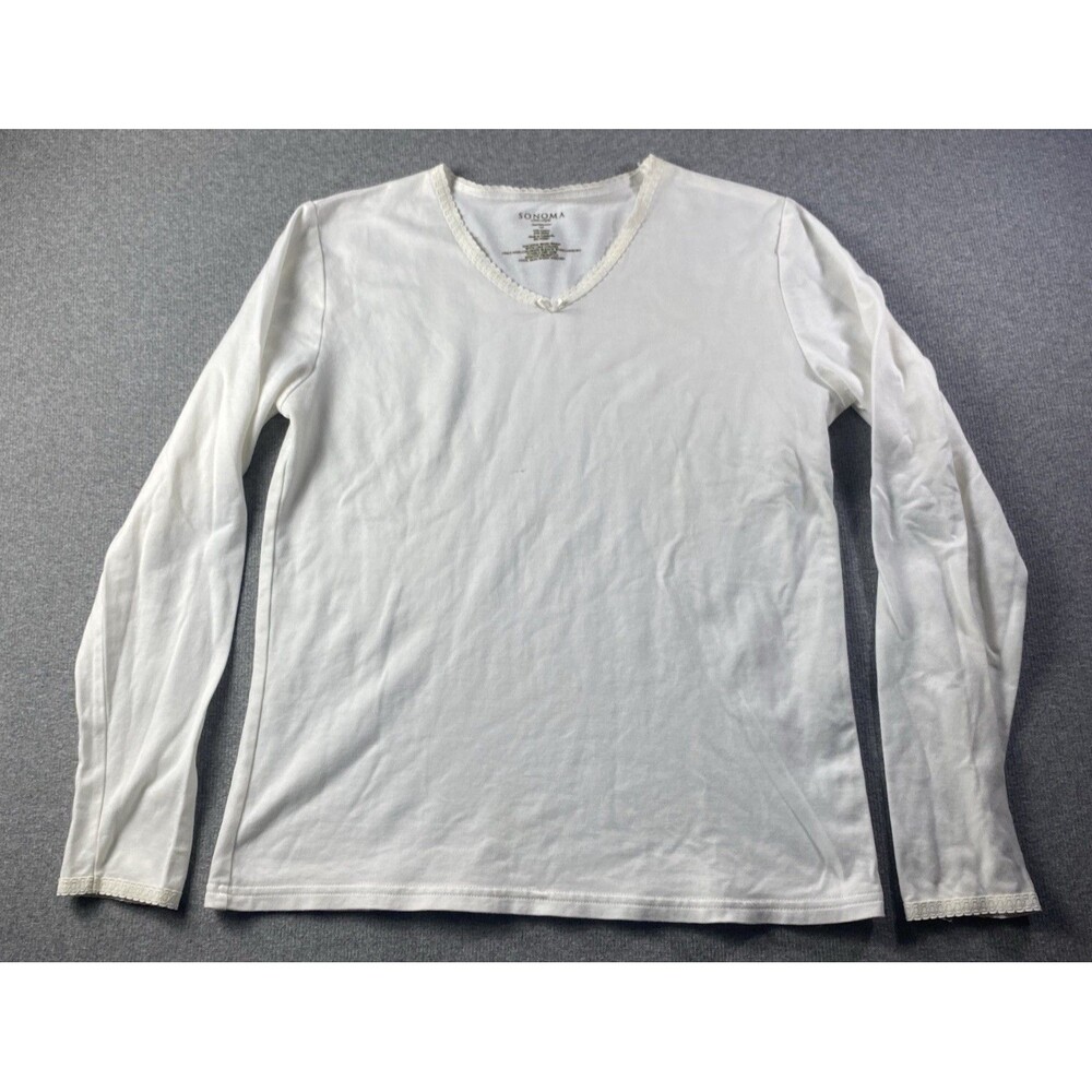 Sonoma White Soft long-sleeve V-neck top with lace trim Size M